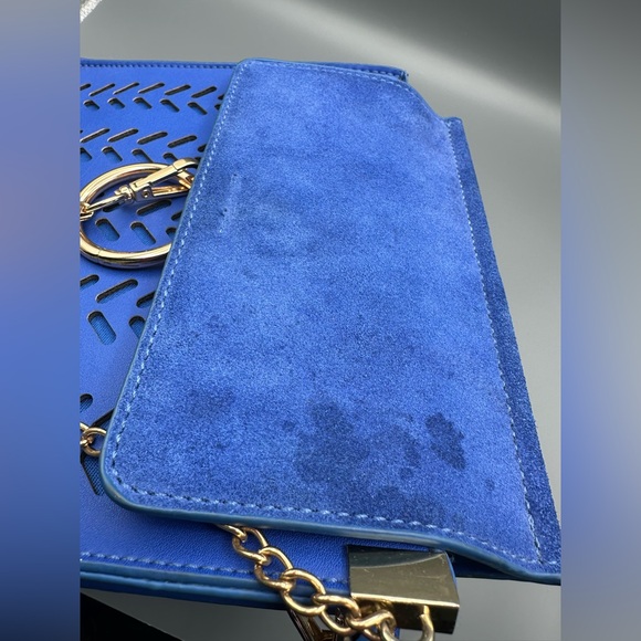 Moda Luxe Elianna Crossbody Bag Cobalt Blue Perforated Mini Bag Gold Ring Accent - Picture 4 of 16